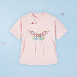 贝贝王国女童t恤2024夏季中国风蝴蝶刺绣，套头t恤女宝百搭上衣
