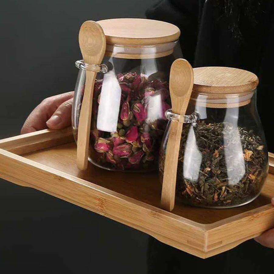 带勺茶叶罐玻璃密封罐带勺花茶罐家用五谷杂粮咖啡豆收纳瓶储存罐