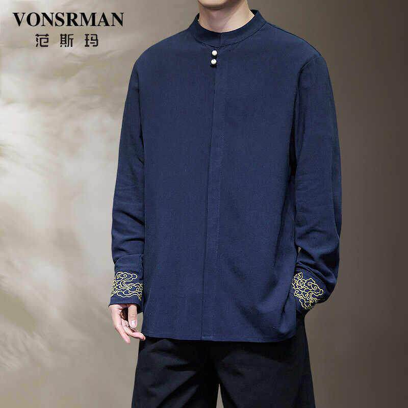 Vonsrman 中国风亚麻衬衫长袖男士立领棉麻衬衣复古唐装中式上衣