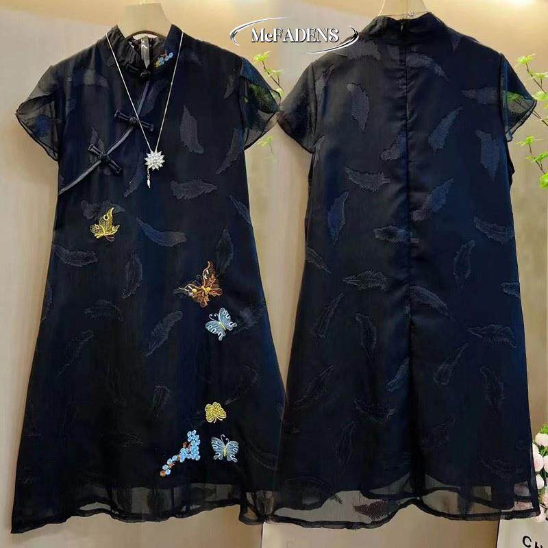 香港胖mm刺绣年轻款改良旗袍裙夏装大尺码洋派国风显瘦高级感洋装
