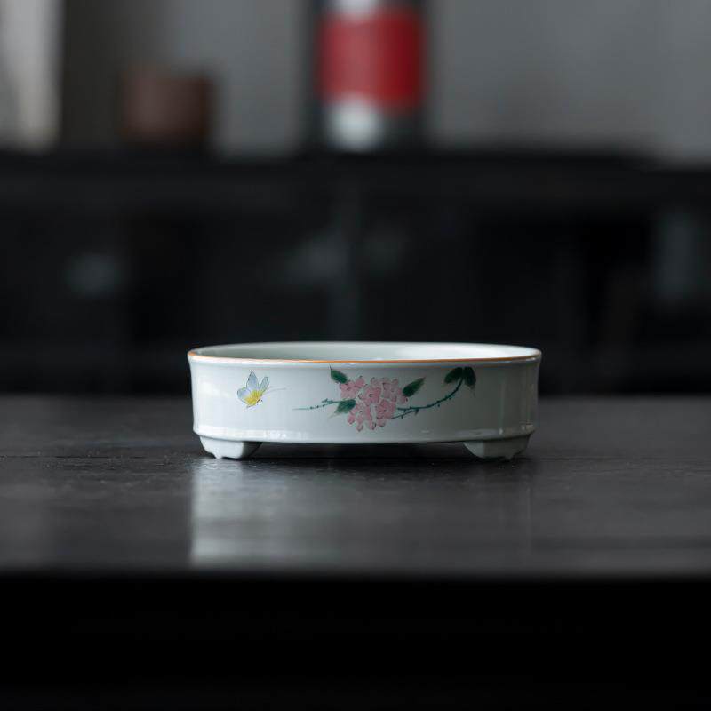仿古青手绘三足壶承手工陶瓷干泡盘茶台壶托盘茶点盘果盘