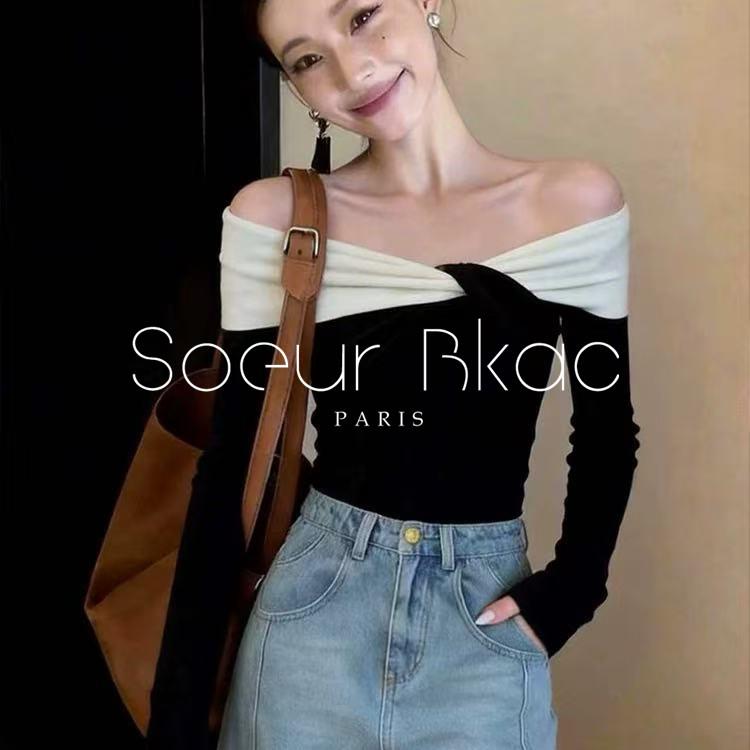法国SOEUR BKAC春季法式撞色一字肩锁骨打底衫女修身绝美长袖t恤