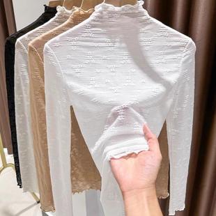 高领蕾丝打底衫 女内搭秋冬中领花边领加绒加厚保暖网纱上衣1219e