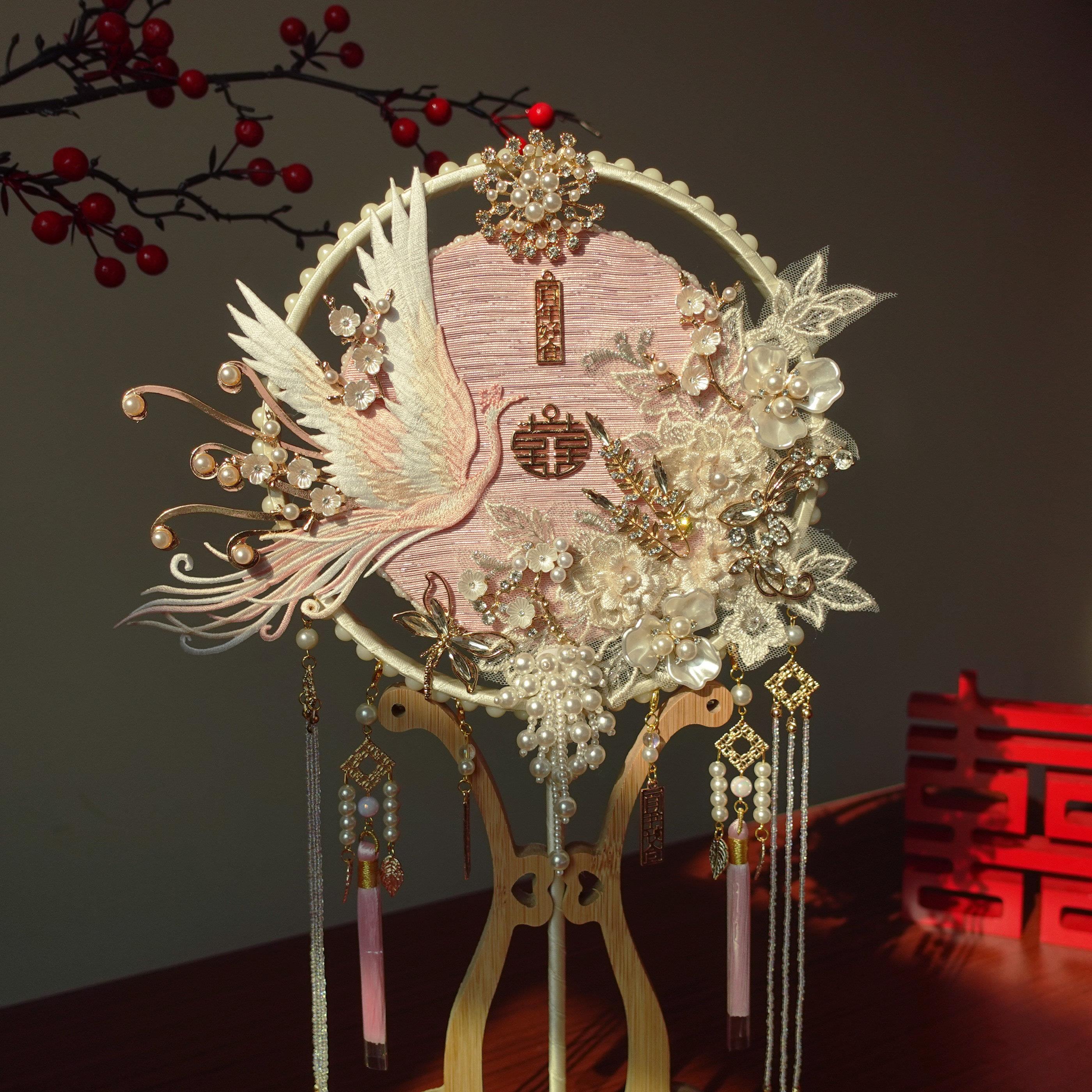 新娘结婚礼秀禾服婚扇中式古典出嫁扇子手工diy粉色团扇新婚礼物