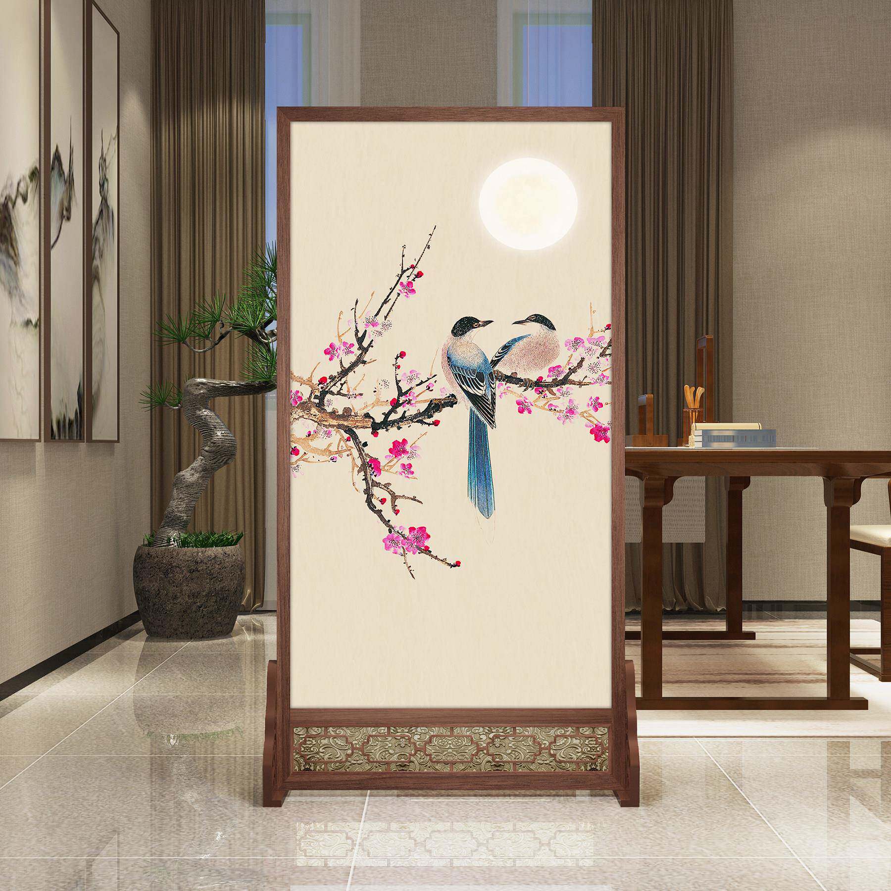 新中式实木屏风客厅玄关入户遮挡隔断简约移动布艺座屏