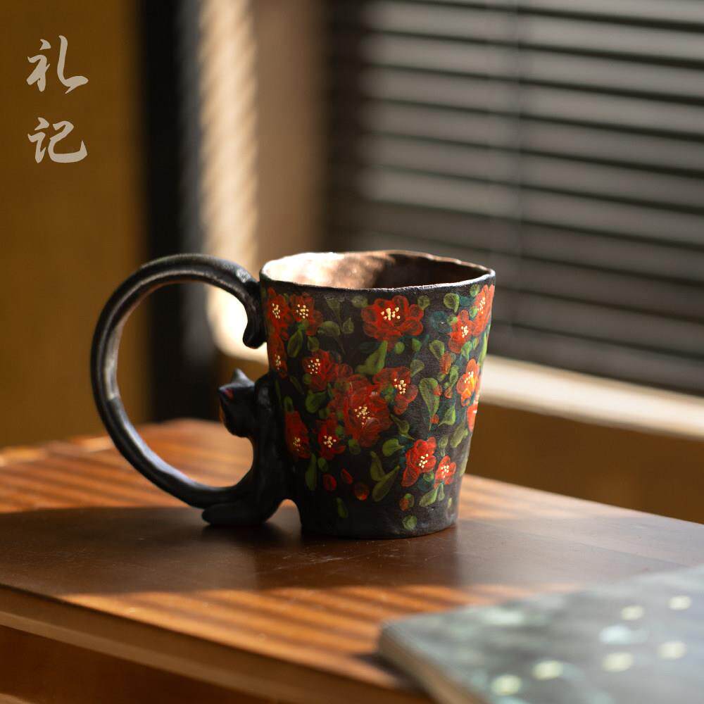 景德镇礼记新中式家用手工陶瓷马克杯红色手绘花卉图案复古咖啡杯
