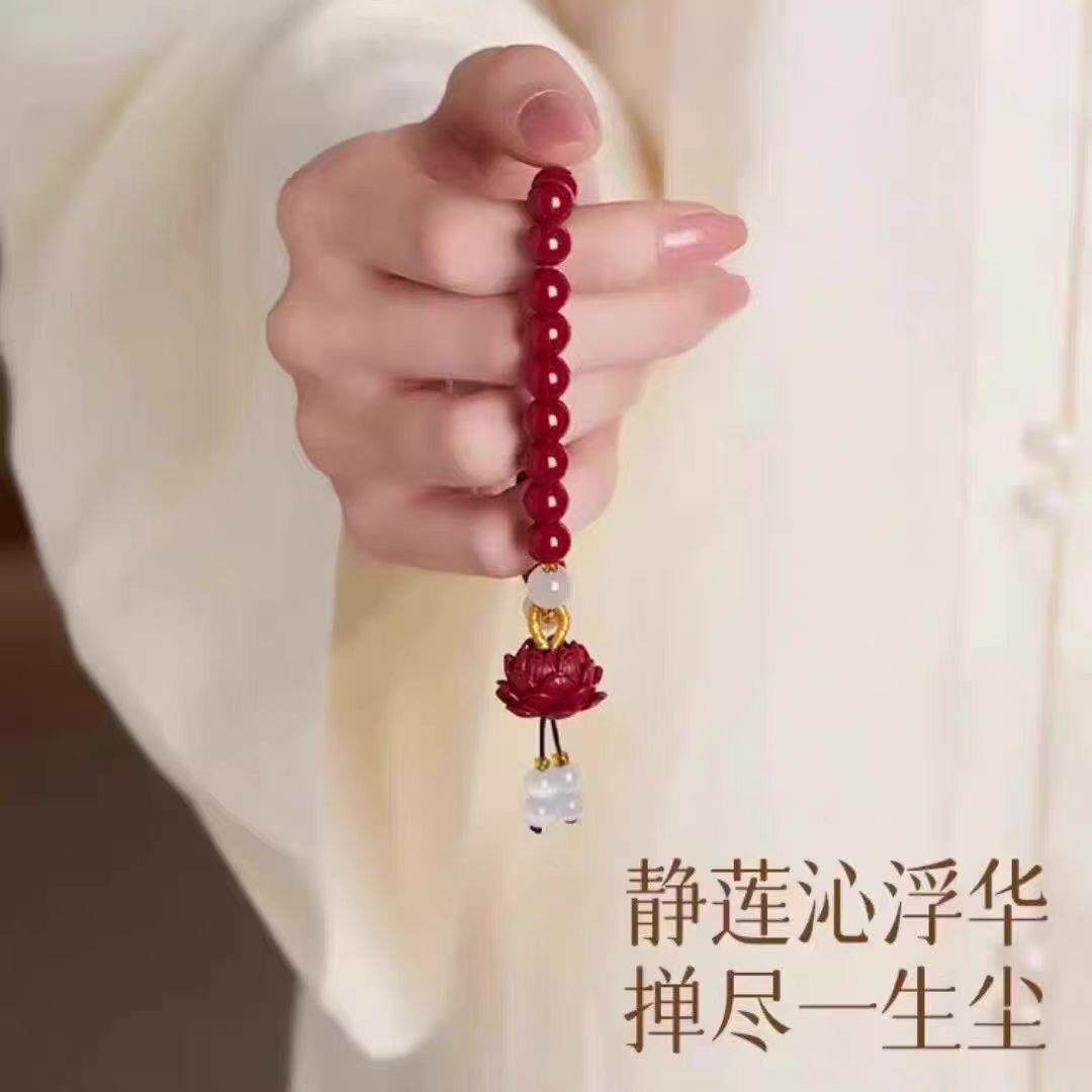 【普陀山】原矿朱砂白玉莲花手串高含量紫金砂帝王红晶体砂手串手