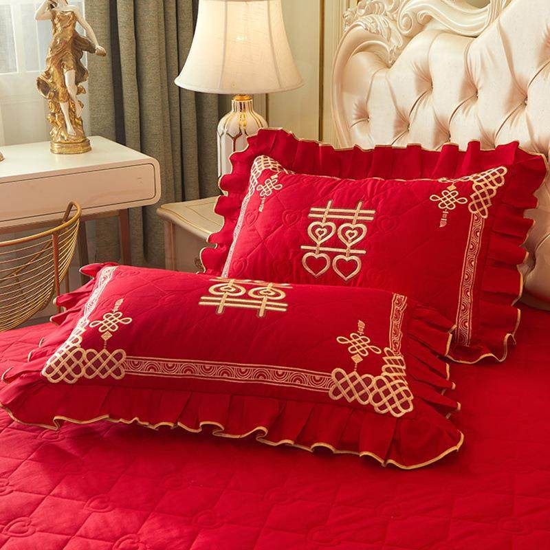 婚庆大红色全棉枕芯套一对装48*74纯棉陪嫁结婚枕套绣花枕头外套