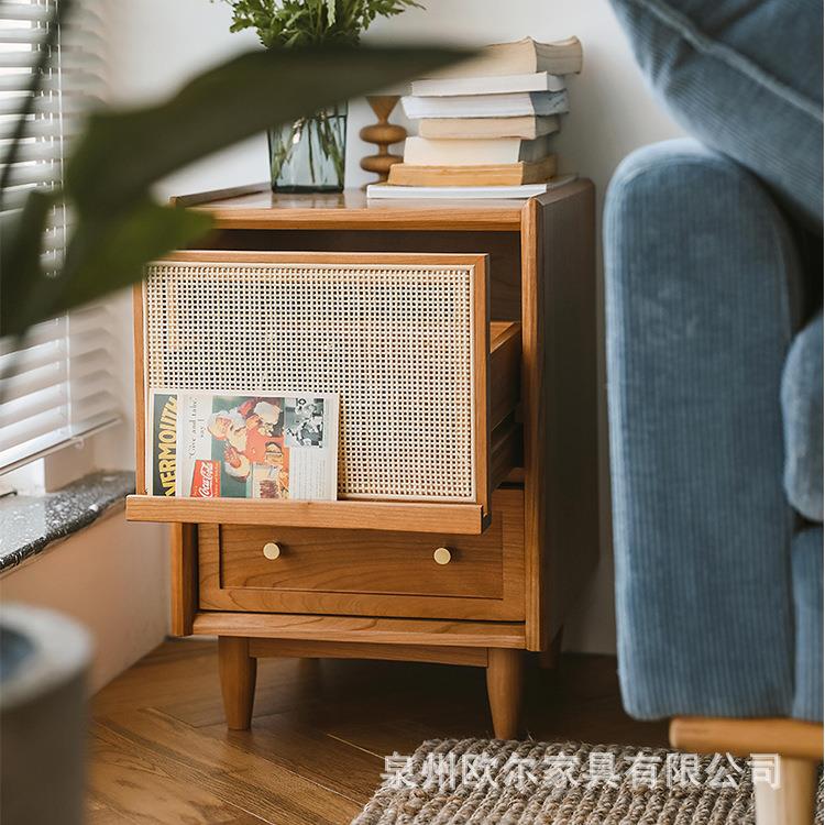 北欧实木床头柜轻奢小户型家用卧室藤编抽屉柜简易公寓民宿床边柜