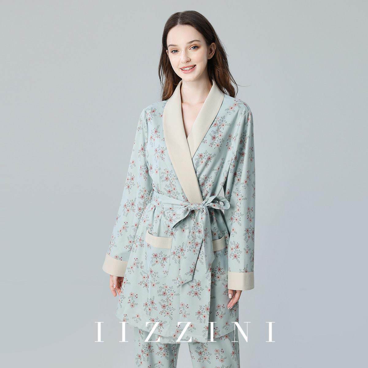 IIZZINI 睡衣女秋冬长袖薄款珊瑚绒国风苜蓿花系带外穿家居服套装