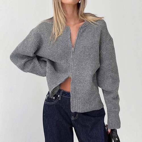 Women's Long Sleeve Zipper Knitted Cardigan Sweater Casual