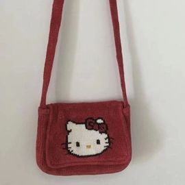 中古三丽鸥hellokitty红色，像素斜挎包2023灯芯绒，刺绣单肩包