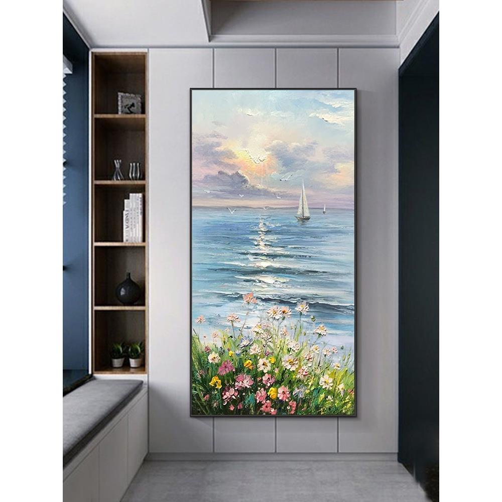 手绘油画进门入户玄关装饰画现代简约客厅走廊过道挂画竖版风景画
