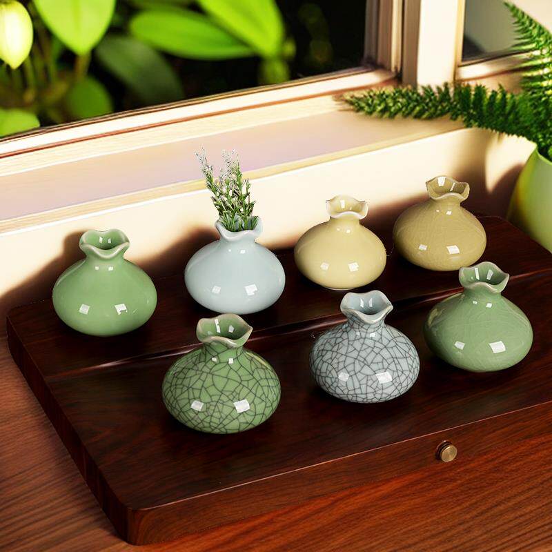精品青瓷折口小花瓶创意桌面摆件陶瓷时尚小花器家居装饰花插花器