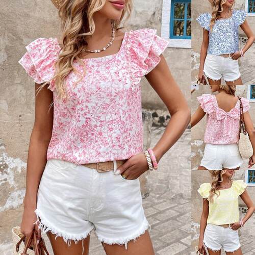 Plus Size Women's Floral Print Ruffle Woven Fabric Blouse