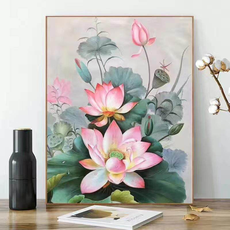 数字油画diy手绘填色油彩画风景植物中国风客厅卧室装饰画荷花