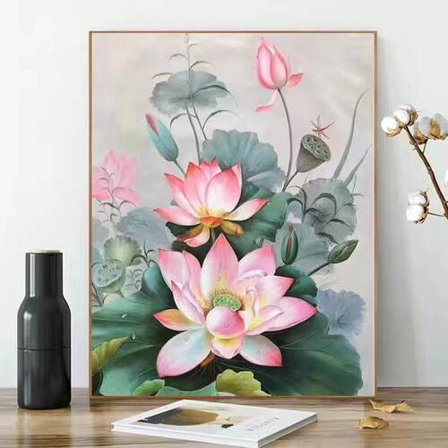 数字油画diy手绘填色油彩画风景植物中国风客厅卧室装饰画荷花
