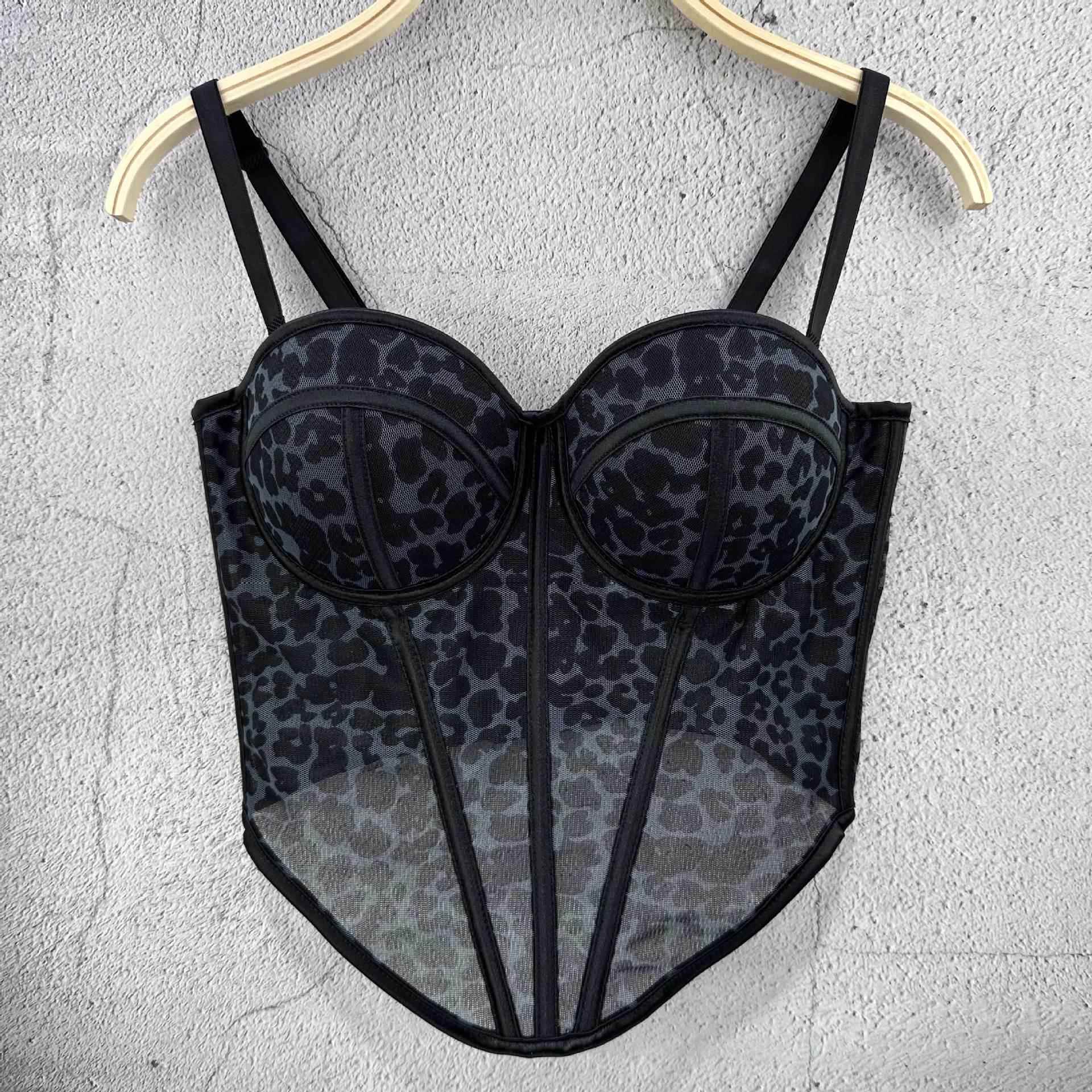Leopard print top with fishbone lace mesh for hot girls