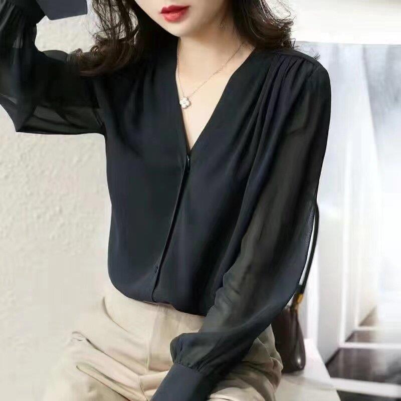 新品V领雪纺衬衫女长袖春款2026新款宽松设计感小众衬衣减龄显瘦