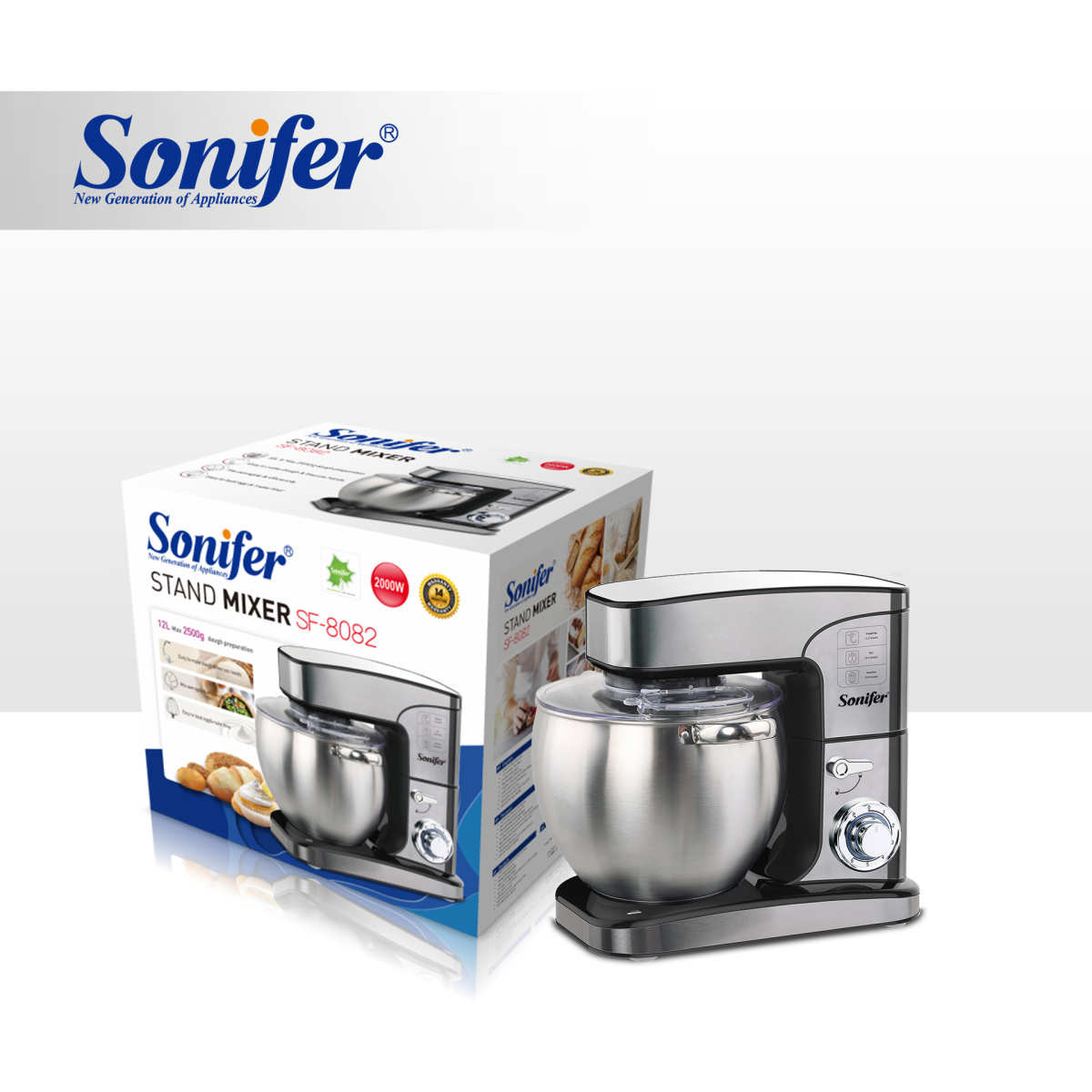 Sonifer 家用大容量不锈钢12L厨房和面机厨师机 SF-8082  Mixer