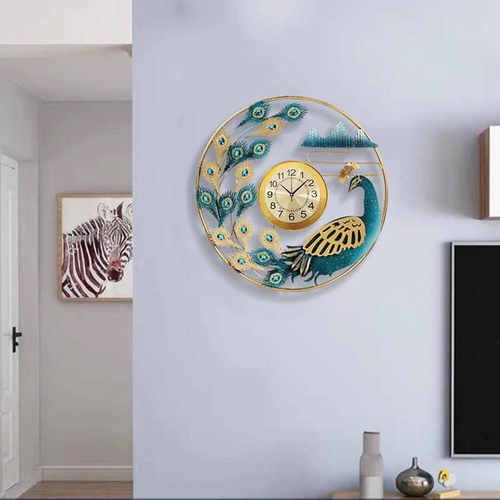 新中式轻奢铁艺立体孔雀时钟挂墙家用客厅玄关个性装饰画钟表