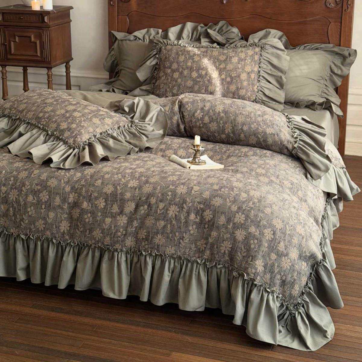 法式色织提花全棉四件套纯棉复古植物花卉荷叶边被套简约柔软床品