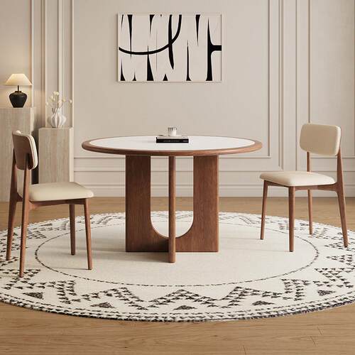 德利丰FAS内嵌圆形岩板餐桌中古风十字形桌腿 家用小户型吃饭桌子