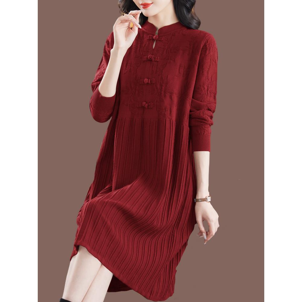 胖mm加大码针织羊毛衫女中长款连衣裙中式复古风盘扣羊绒毛衣遮肉