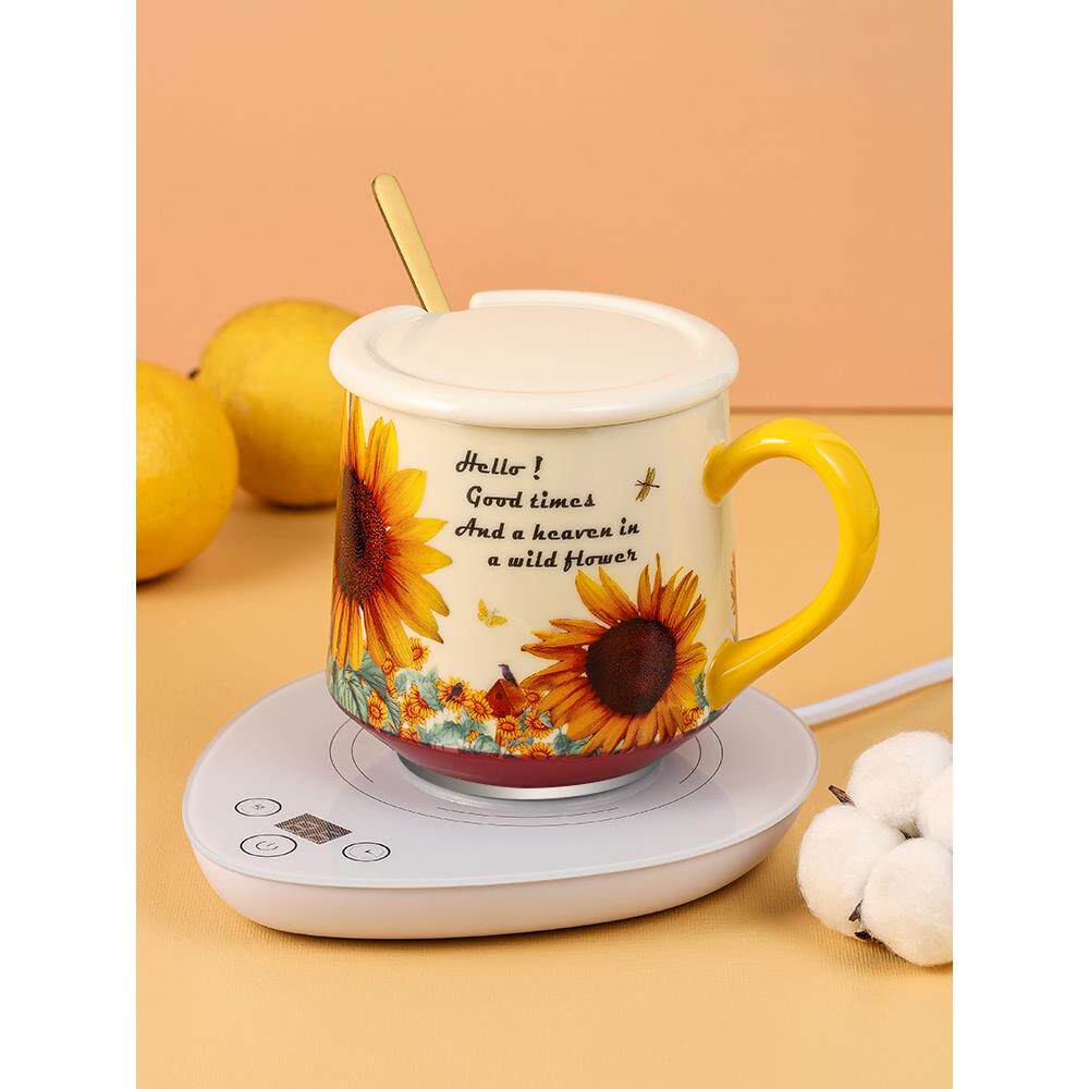 金属平底杯子可加热暖暖杯礼盒套装智能恒温杯垫导热陶瓷杯带盖勺