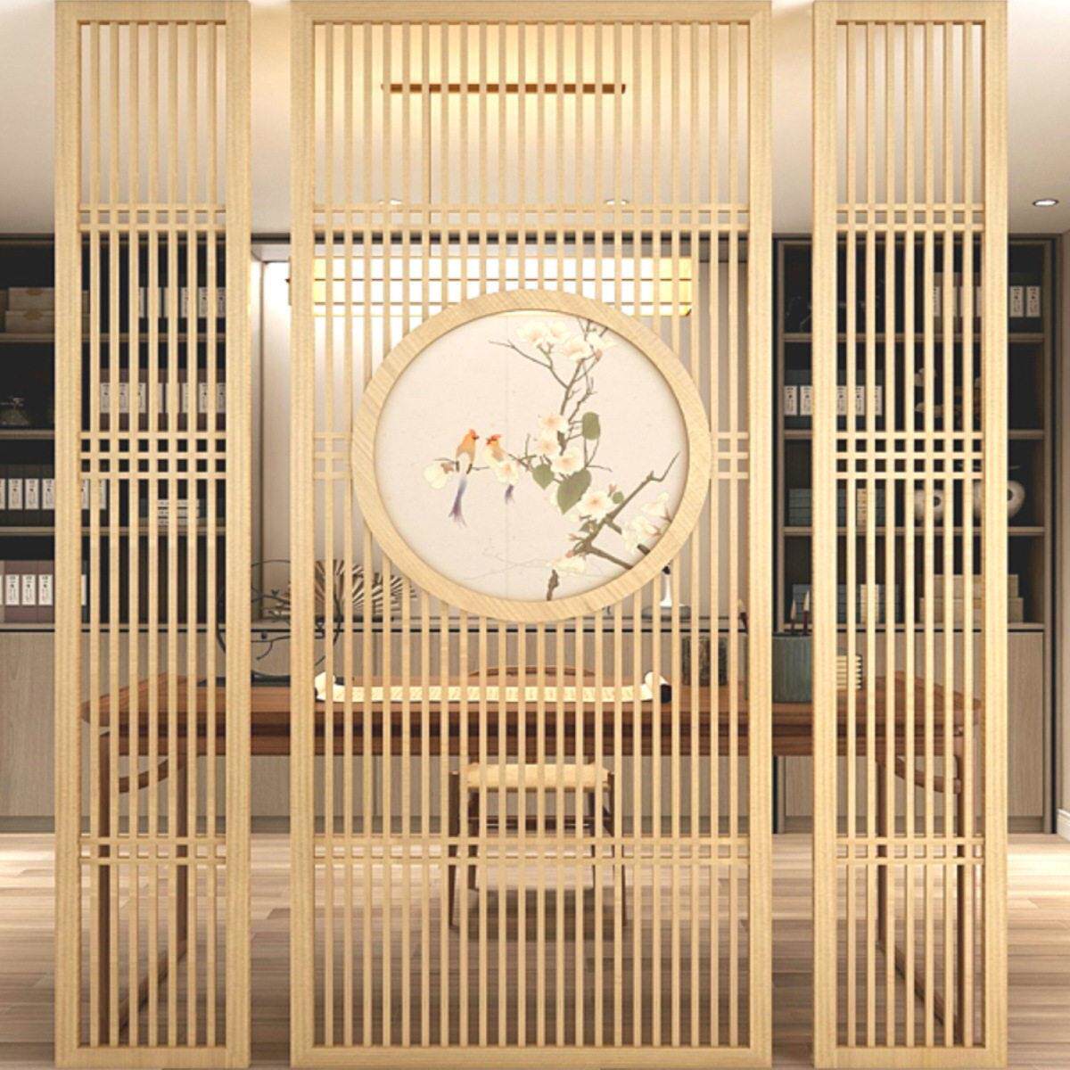 现代客厅屏风新中式玄关隔断背景墙彷古实木宋氏美学门窗纱画定制