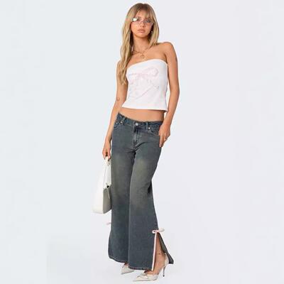 Women Bow Slit Leg Jeans Aesthetic Y2K Unique Trousers
