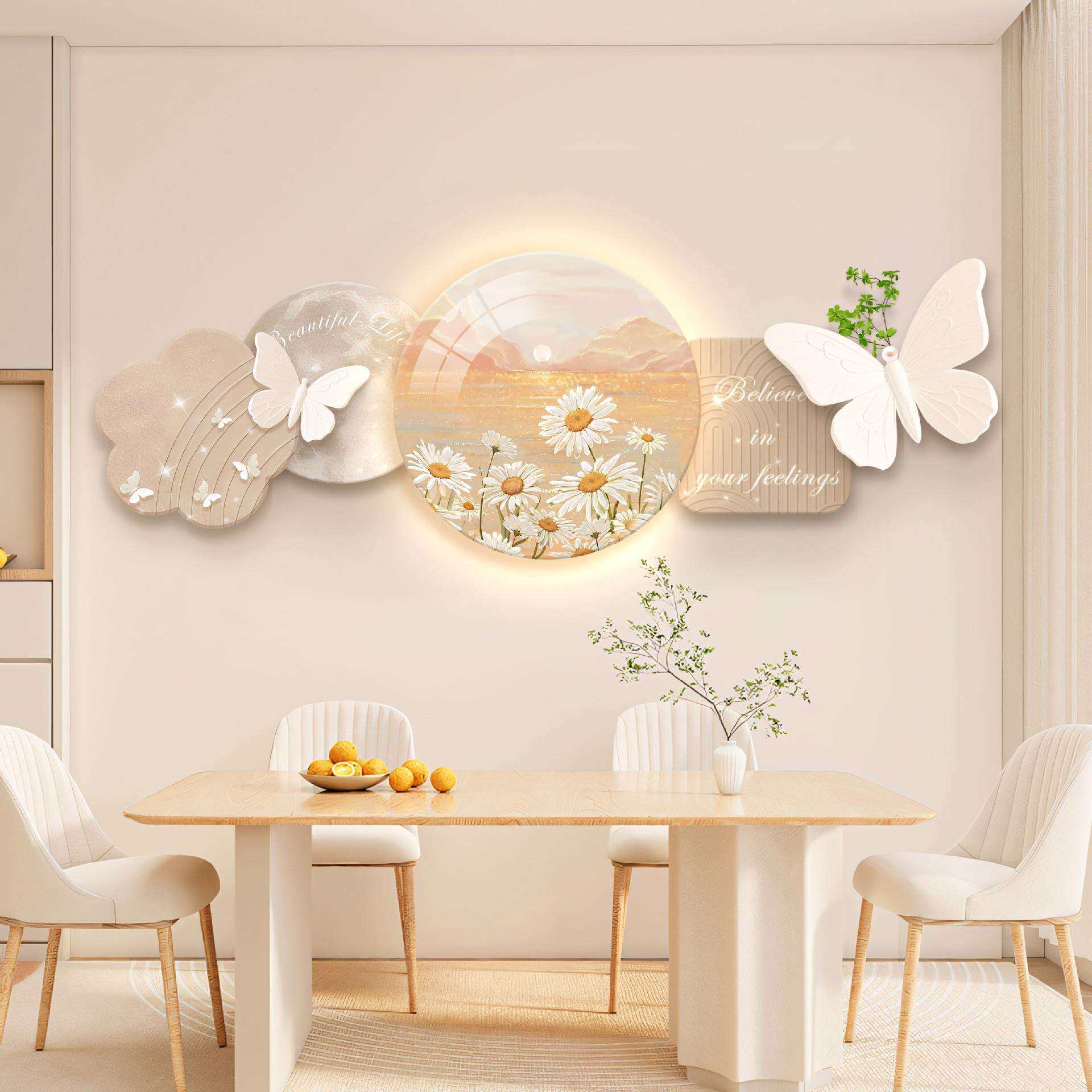 奶油风餐厅装饰画发光餐桌边柜挂画北欧饭厅创意灯画