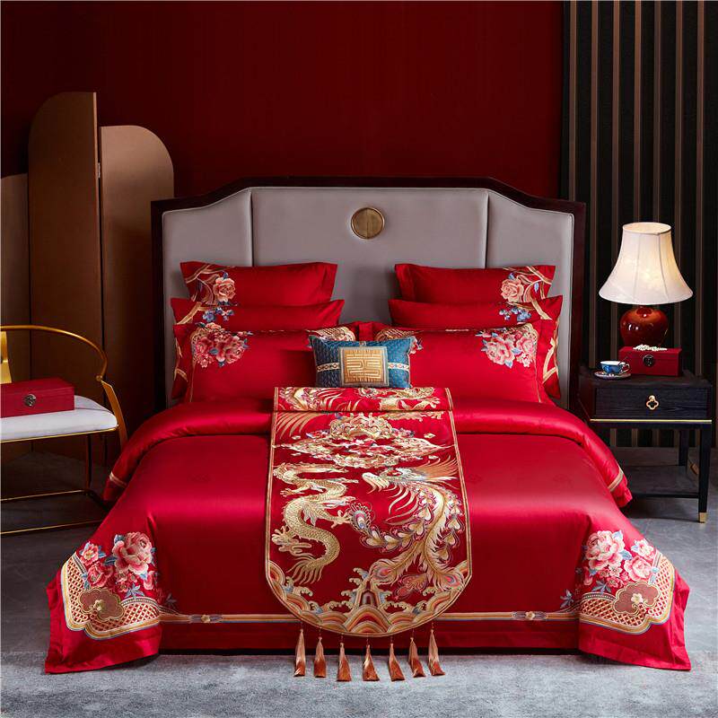 上新 高端120支贡缎提花面料中式精美苏绣婚庆四件套大红龙凤刺绣
