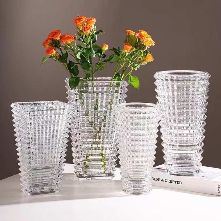 北欧创意田园玻璃花瓶水培绿萝植物百合竖棱玻璃花瓶家用插花摆件