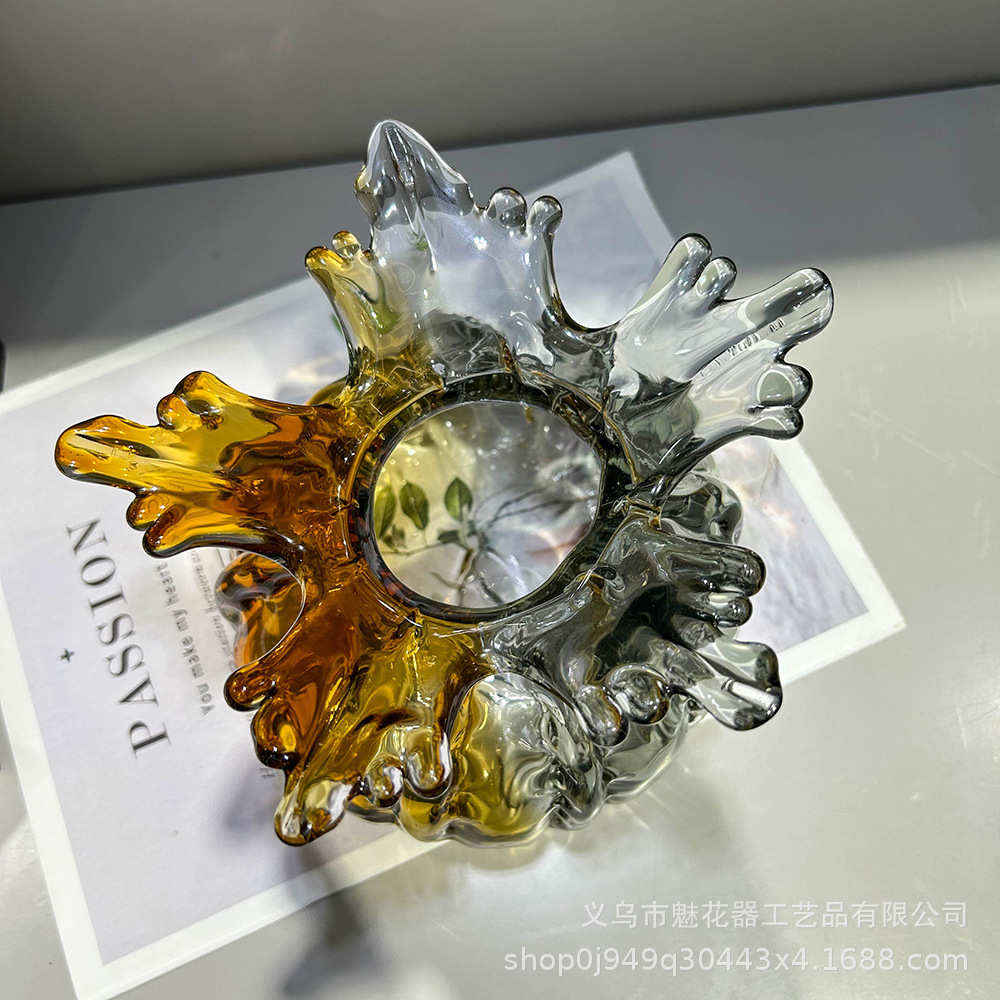 现代轻奢双拼色手工琉璃花瓶家居艺术冰川纹摆件样板间高级插花器