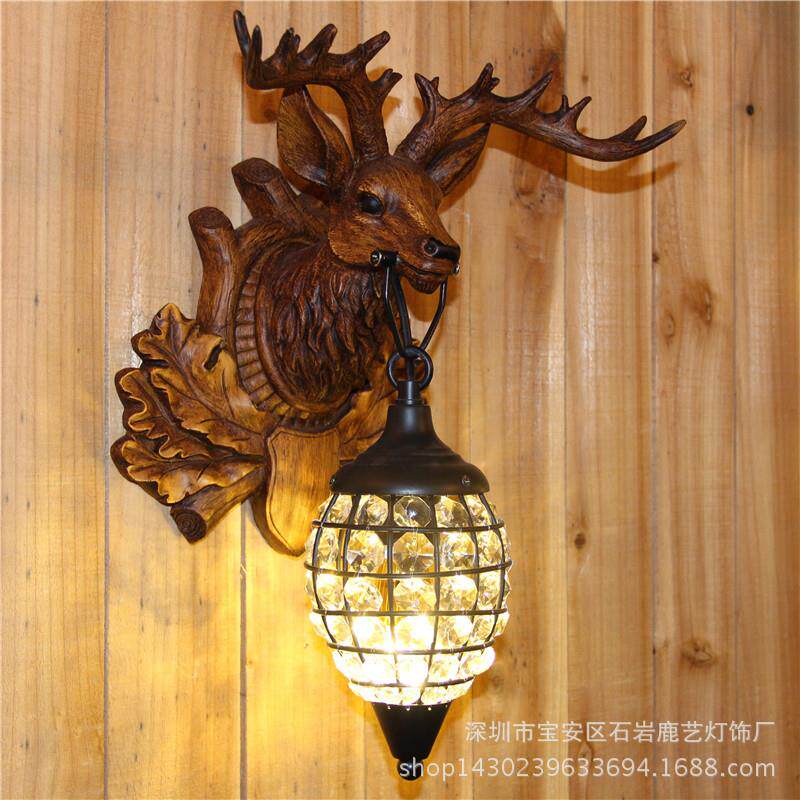 美式古鹿头壁灯复厅卧室餐厅装饰壁灯具鹿头水晶客灯树490脂创意