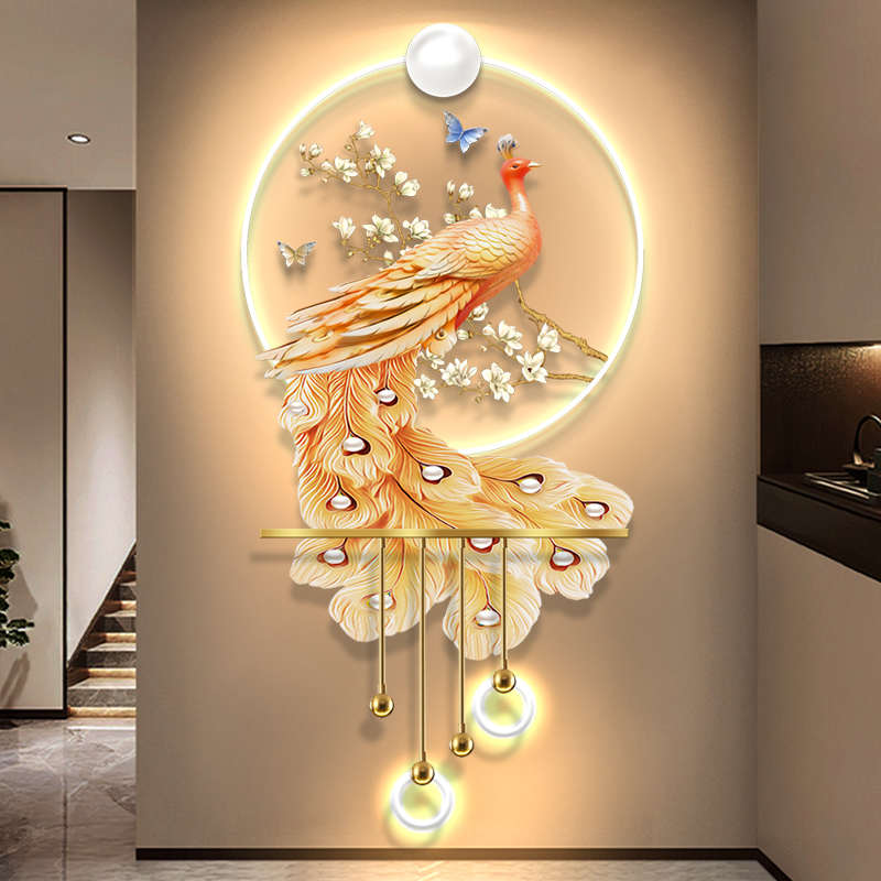 孔雀现代轻奢玄关装饰画感应LED灯光挂画走廊立体发光艺术壁灯图片