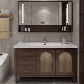 新中式 浴柜 橡木实木藤编浴室柜组合卫生间陶瓷一体盆洗漱台落地式