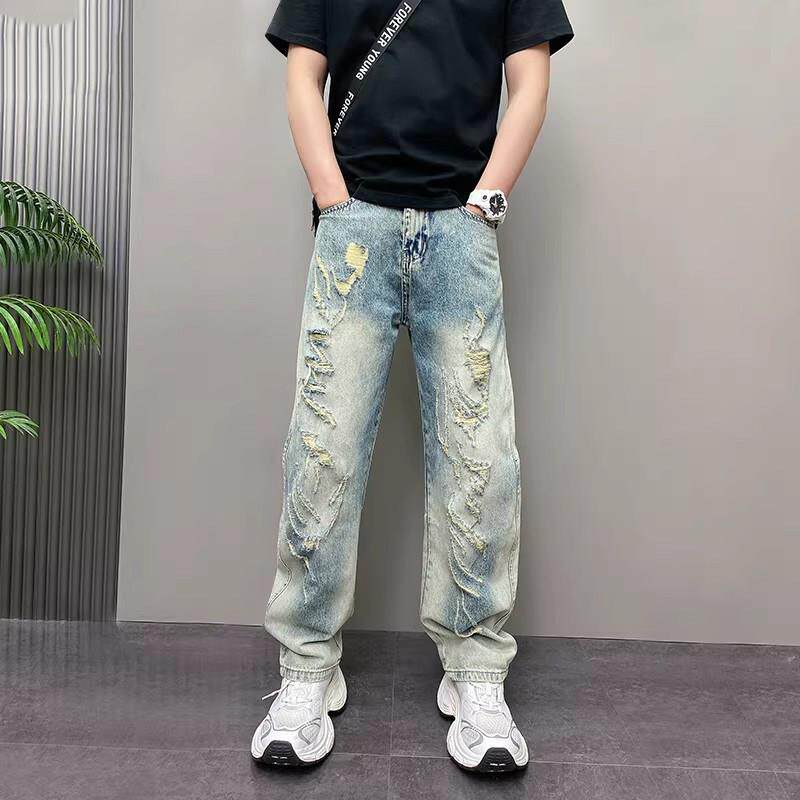it Afternnaths潮牌!破洞牛仔裤男宽松直筒复古乞丐浅色休闲春季