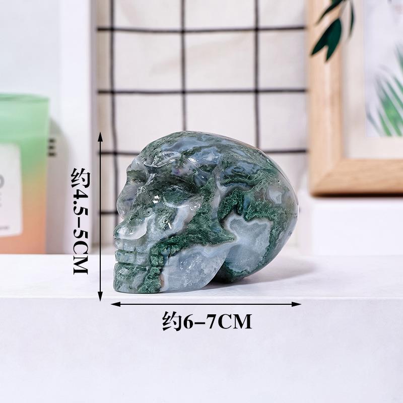 天然水晶水草玛瑙骷髅头雕刻件原石矿标打磨万圣节鬼头工艺品摆件