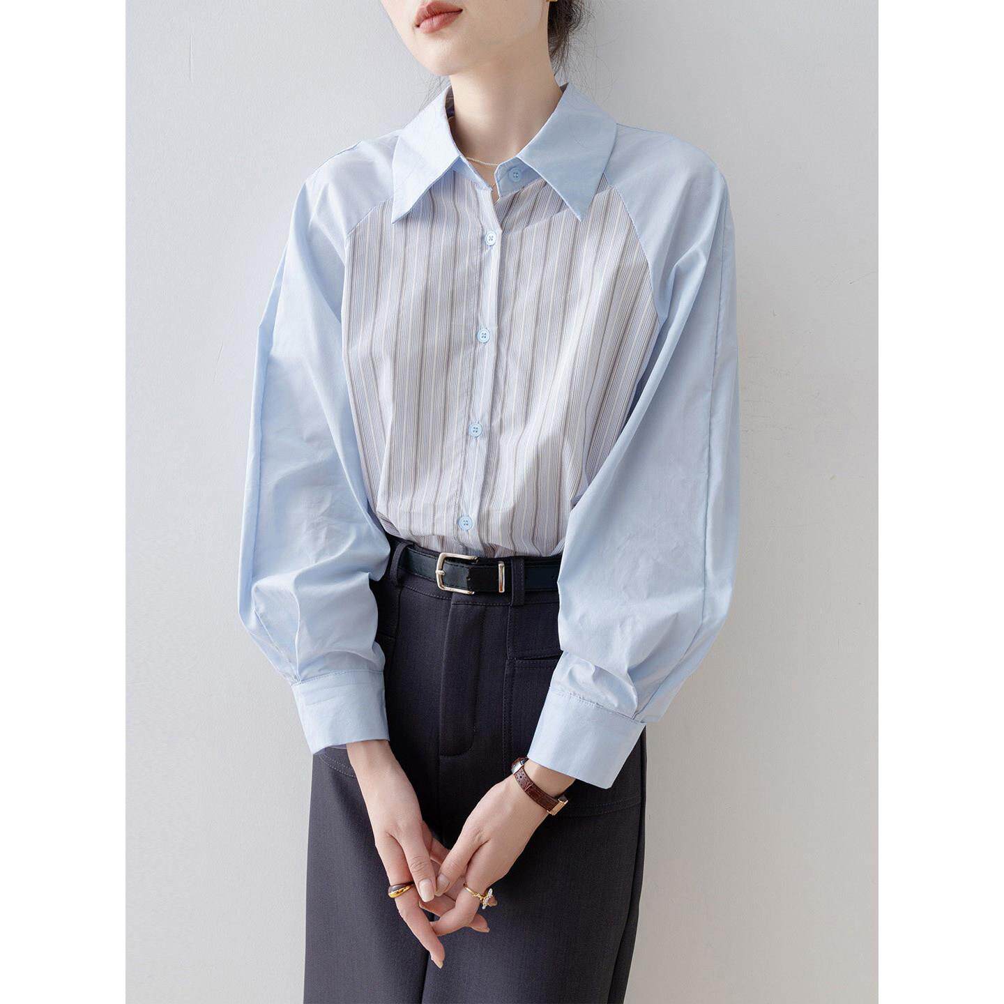 Canary Kiss条纹拼接polo领长袖衬衫女春季设计感叠穿外套上衣服