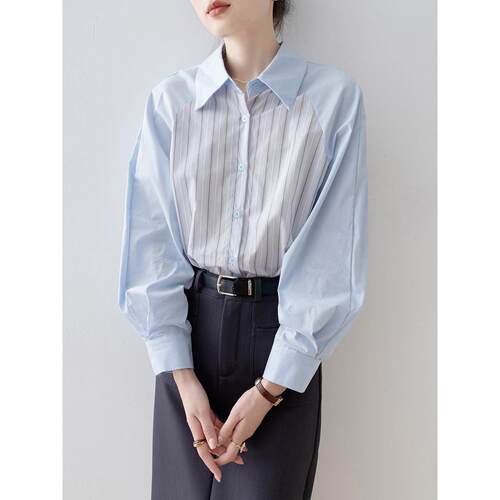 Canary Kiss条纹拼接polo领长袖衬衫女春季设计感叠穿外套上衣服