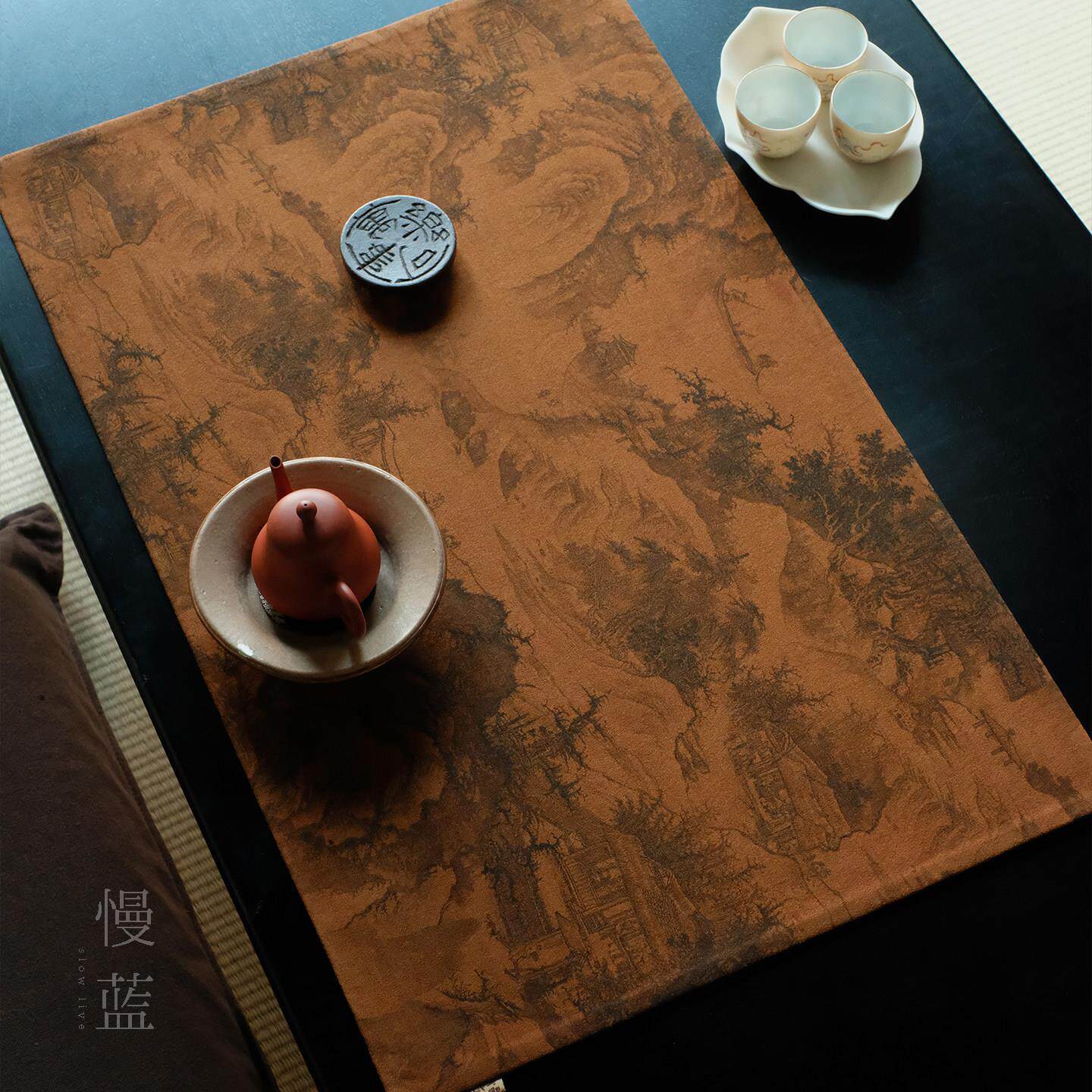 慢蓝| 中式香云纱红云纱双面提花茶席手工布艺主人席茶桌垫 56*35