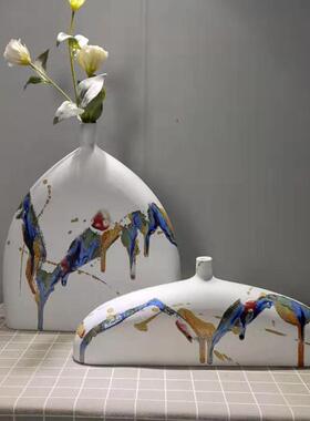 简约田园色釉扁平陶瓷花瓶插花家居装饰电视柜客厅桌面摆件工艺品