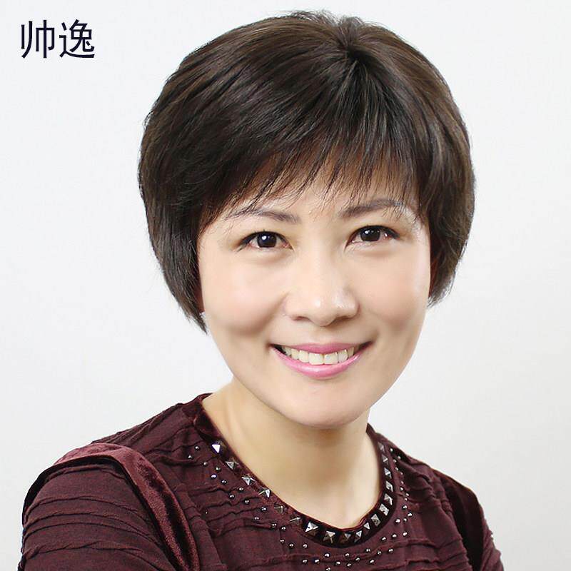 送妈妈全手织整顶假发套真人发老人直发短发斜浏海中老年假发女士