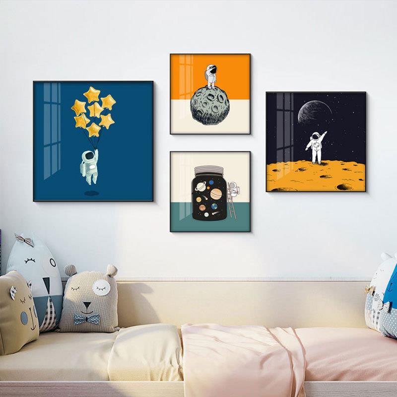 北欧创意卡通宇航员挂画儿童房卧室装饰画酒店走廊过道背景墙壁画图片