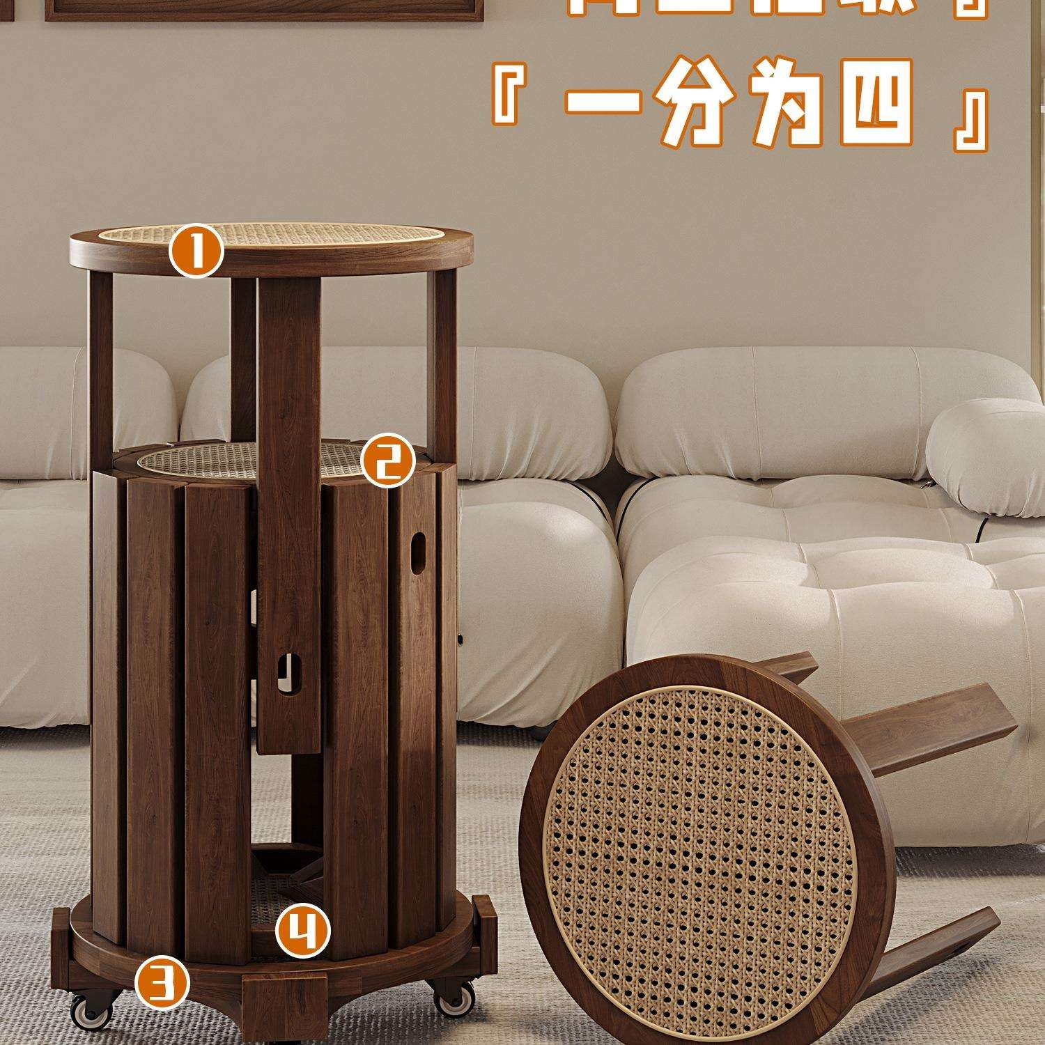 实木凳子家用可叠放备用餐桌板凳创意圆凳中古风藤编叠叠乐组合凳