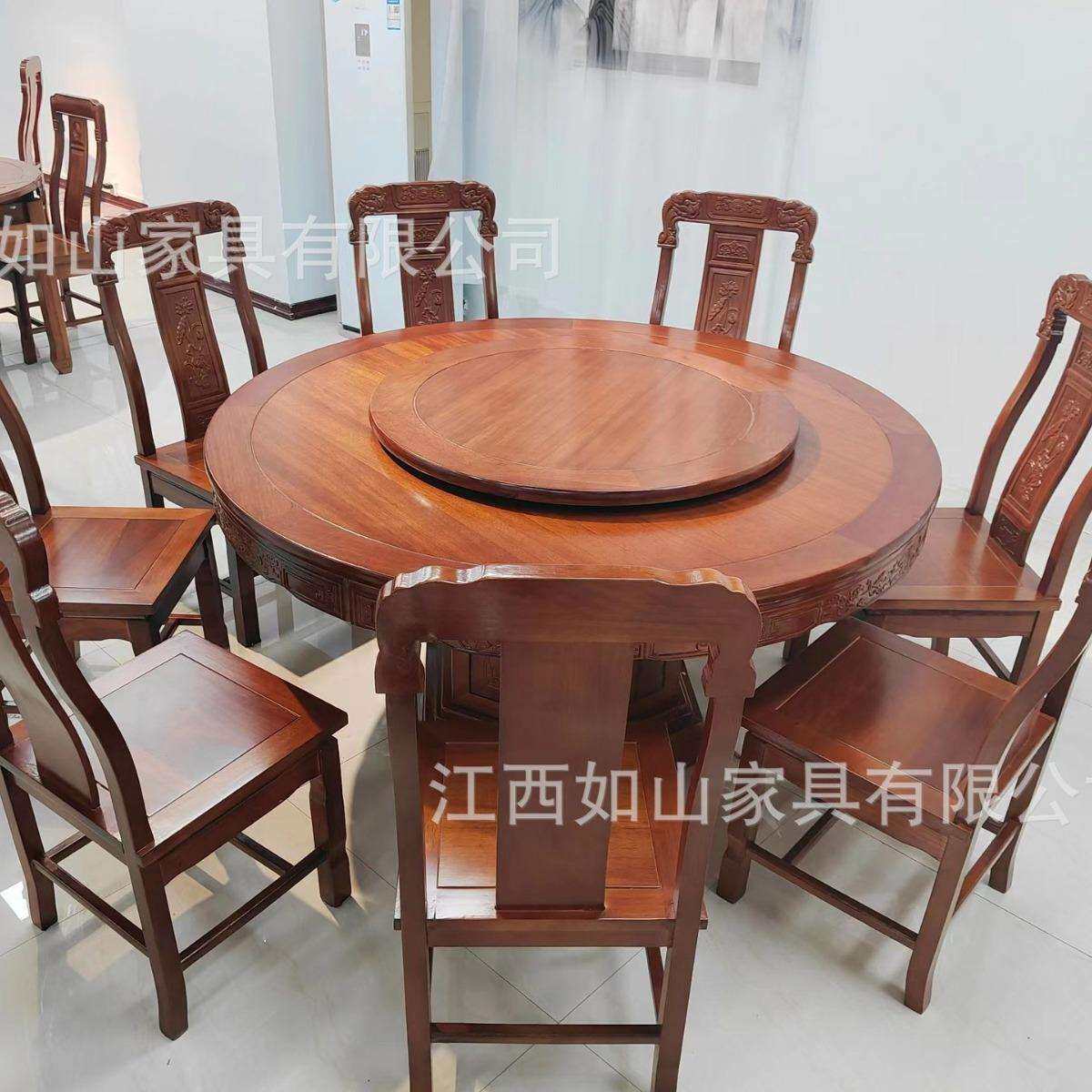 花梨木餐桌椅组合古典雕花餐厅中式带转盘圆形16人大圆桌酒店家具