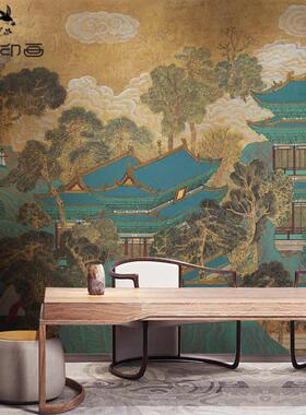现代中式古典山水阁楼电视背景墙纸壁布沙发客厅茶室墙布定制壁画