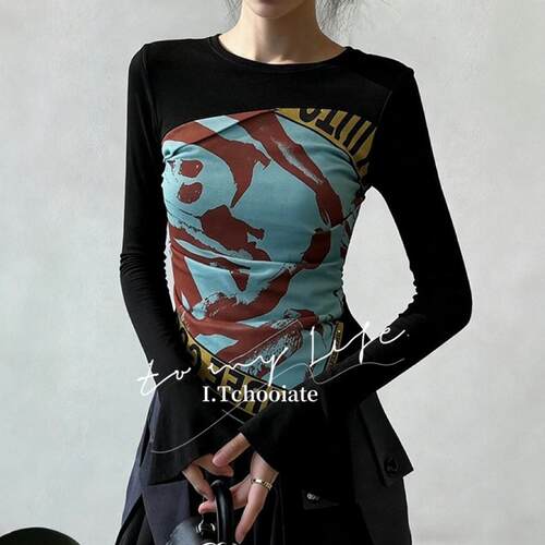I.Tchooiate美式涂鸦印花黑色t恤女春秋设计感不规则打底正肩上衣
